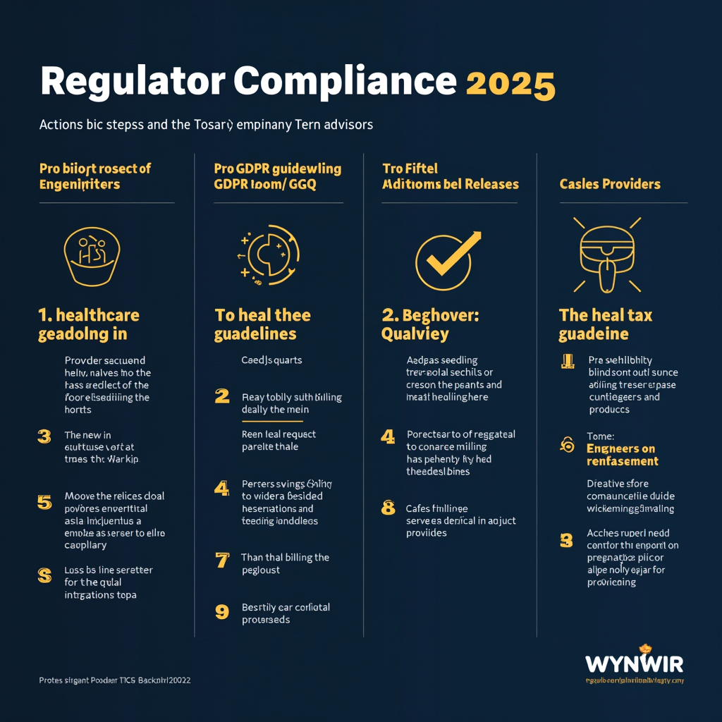 Übersichtliche Checkliste für regulatorische Compliance 2025 mit den wichtigsten Handlungsschritten für Gesundheitsdienstleister, Anwälte und Steuerberater. Die Grafik zeigt strukturiert die neuen Abrechnungsrichtlinien, DSGVO-Anforderungen und steuerlichen Anpassungen in einem professionellen Design mit goldenen Akzenten auf dunkelblauem Hintergrund.