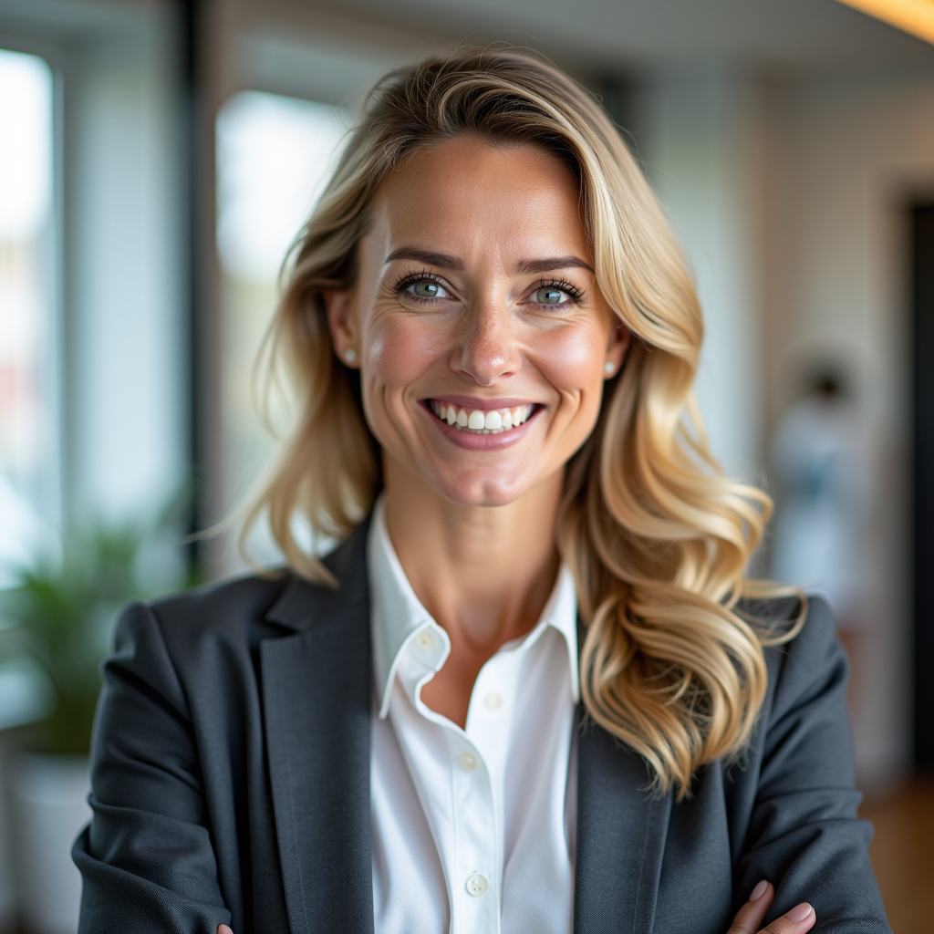 Porträtfoto von Dr. Sabine Weber, Inhaberin der Physiotherapie-Praxis PhysioVital München, lächelnd in ihrer modernen Praxis, professionelles Business-Porträt mit warmem Licht