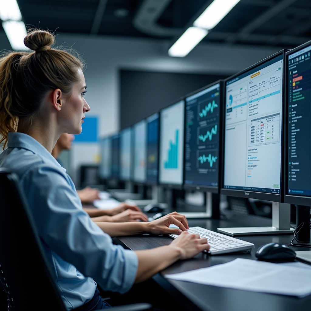 Modernes Büro mit Computer-Arbeitsplätzen für Lohn- und Gehaltsabrechnung, professionelle Atmosphäre mit Dokumenten und digitalen Systemen