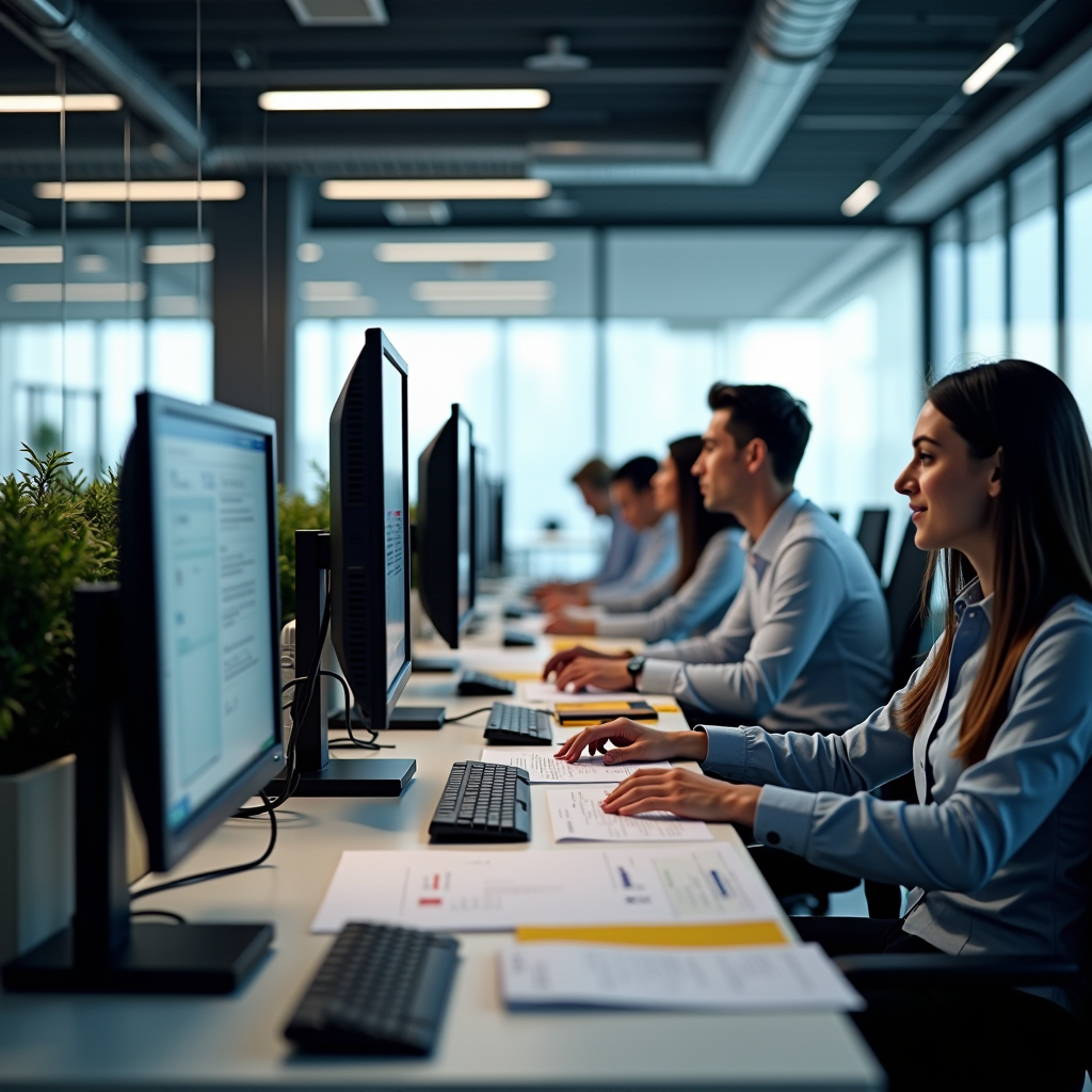 Modernes Büro mit professionellen Mitarbeitern bei der Lohnabrechnung, hochwertige Computersysteme, organisierte Arbeitsplätze mit Dokumenten und digitalen Displays, helle Beleuchtung, professionelle Atmosphäre