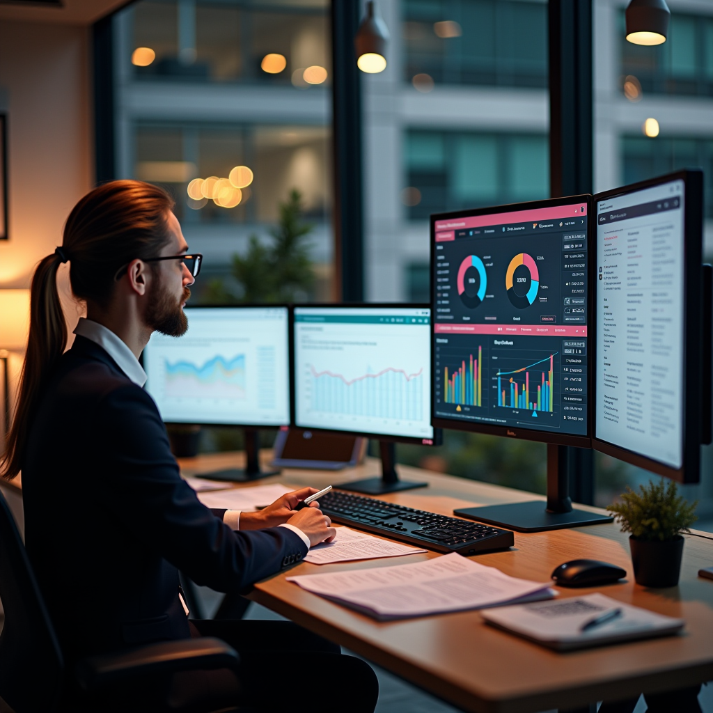 Modernes Büro mit mehreren Bildschirmen, auf denen Finanzdashboards und Buchhaltungssoftware zu sehen sind. Im Vordergrund arbeitet ein professioneller Buchhalter an einem aufgeräumten Schreibtisch mit digitalen Belegen und Auswertungen. Warmes Licht schafft eine produktive Atmosphäre. Premium-Qualität, professionelle Fotografie.