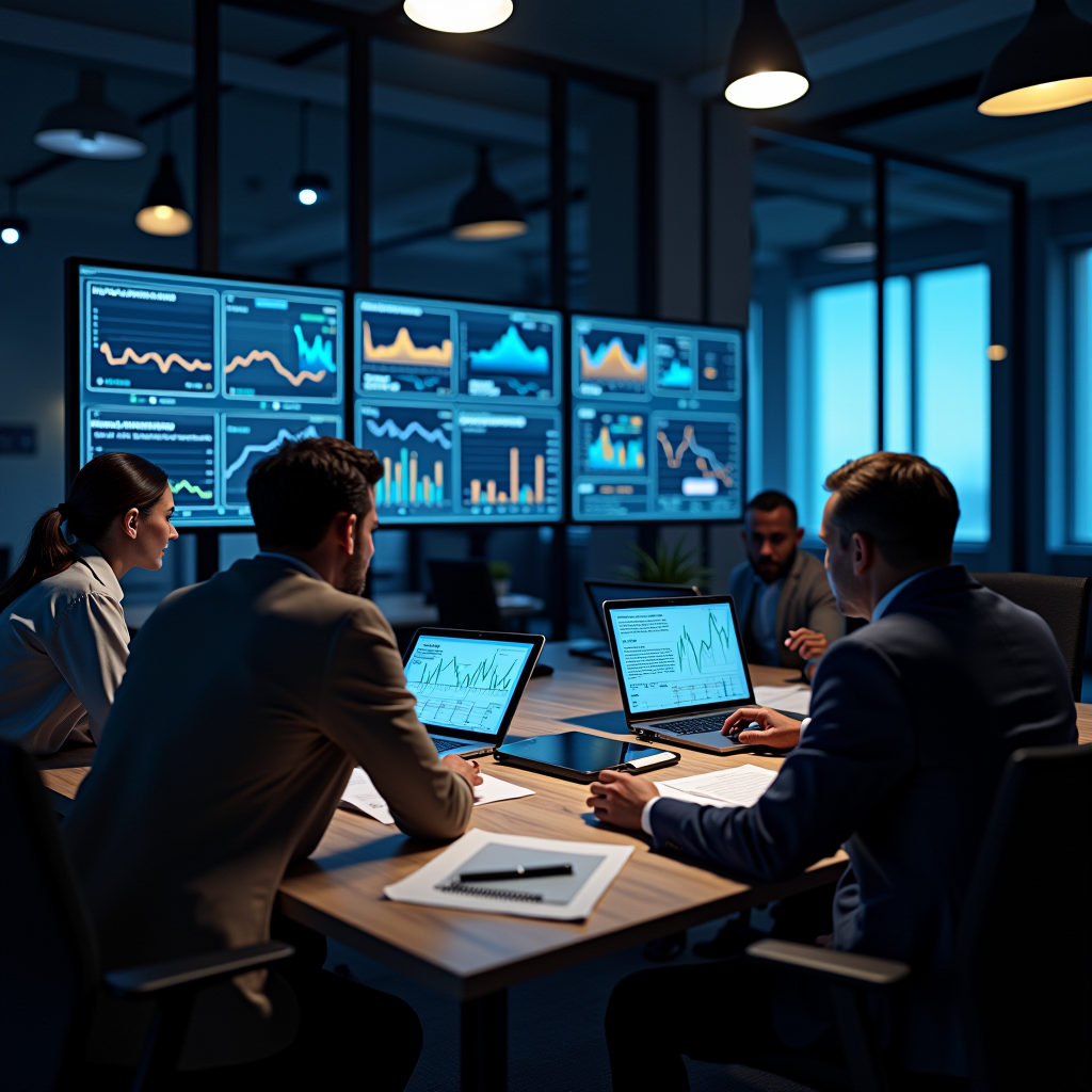 Modern office setting with business professionals analyzing financial charts and graphs on large monitors, strategic planning session with documents and laptops, professional consulting environment with blue and gold lighting