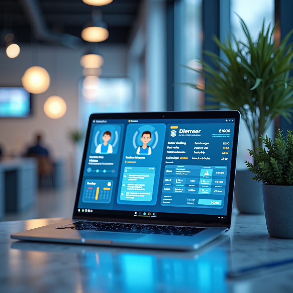 Moderne digitale Abrechnungssysteme im deutschen Gesundheitswesen mit automatisierten Prozessen, Laptop mit Abrechnungssoftware, Arztpraxis im Hintergrund, professionelle Atmosphäre, blaue und goldene Akzente