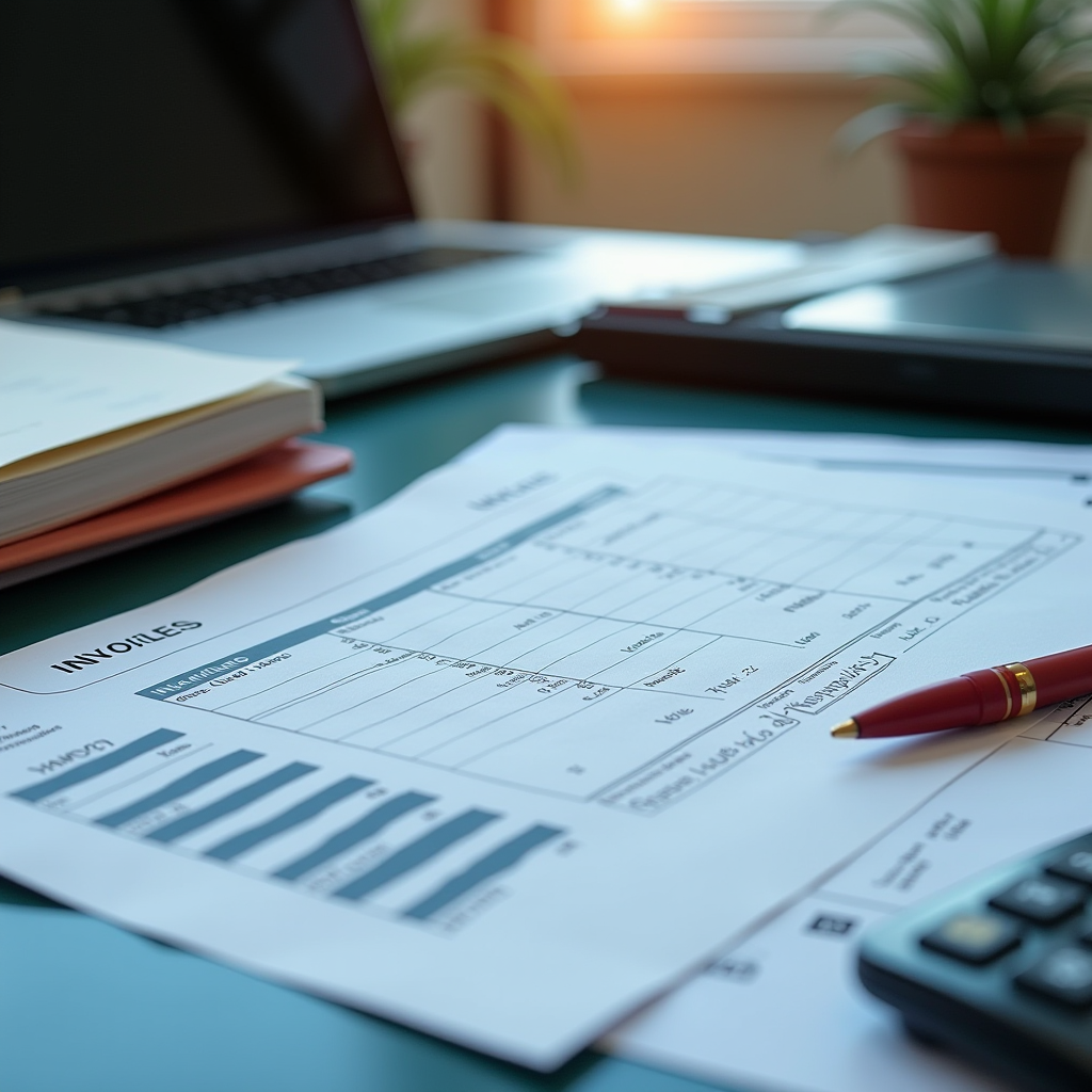 Organisierter Buchhaltungsarbeitsplatz mit Aktenordnern, Rechnungen, Taschenrechner und modernen digitalen Buchhaltungssystemen für KMU
