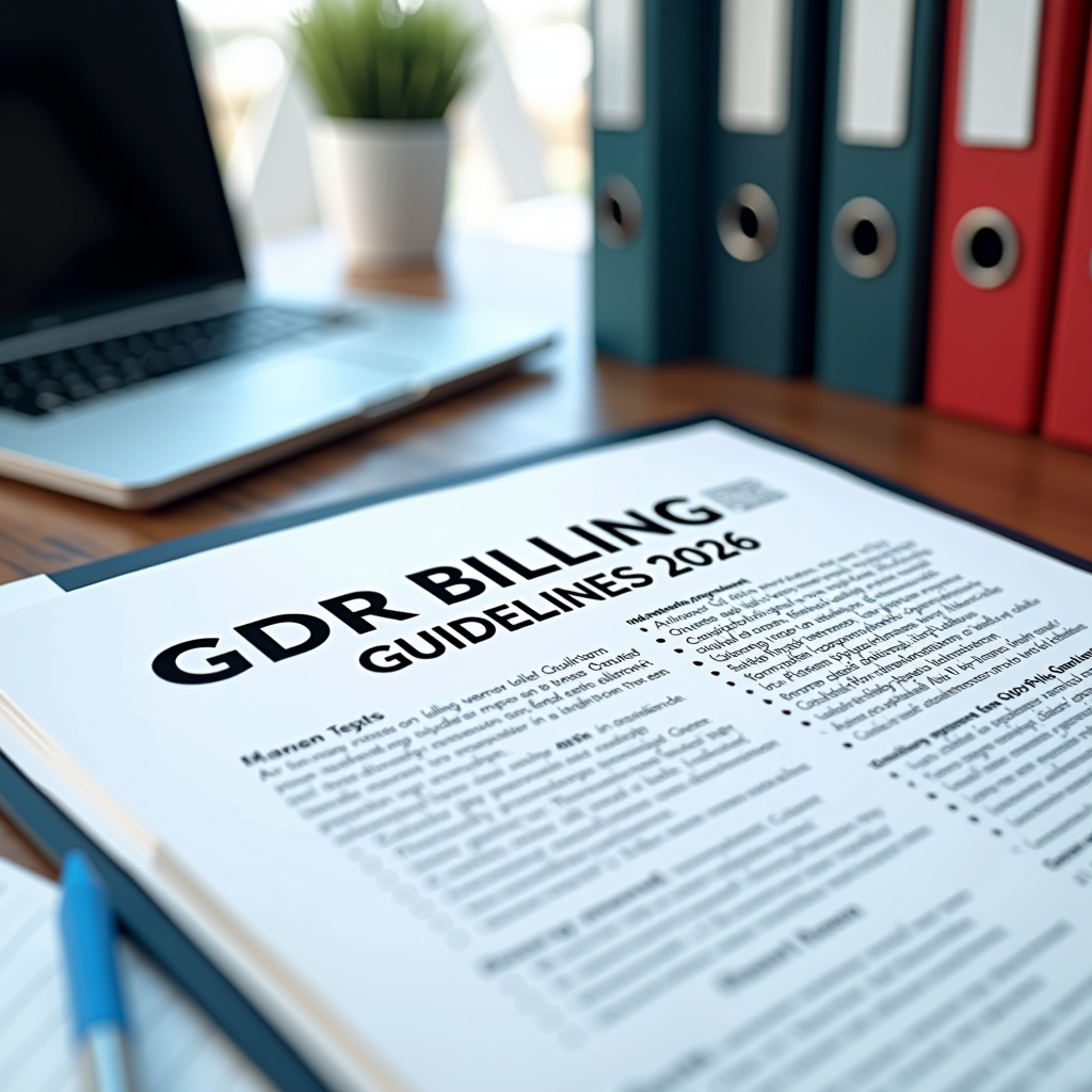 Gesetzestexte und Paragraphen zu neuen Abrechnungsrichtlinien 2026, DSGVO-Dokumente, Checkliste für Gesundheitsdienstleister, professionelles Büro-Setting mit Aktenordnern und Laptop, juristische Atmosphäre