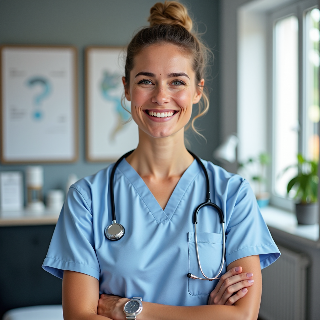 Erfolgreiche Physiotherapie-Praxis in München, moderne Praxisräume, lächelnde Praxisinhaberin im Porträt, Mediziner bei der Arbeit, professionelle Behandlungsräume, zufriedene Atmosphäre, Erfolgsdiagramme im Hintergrund