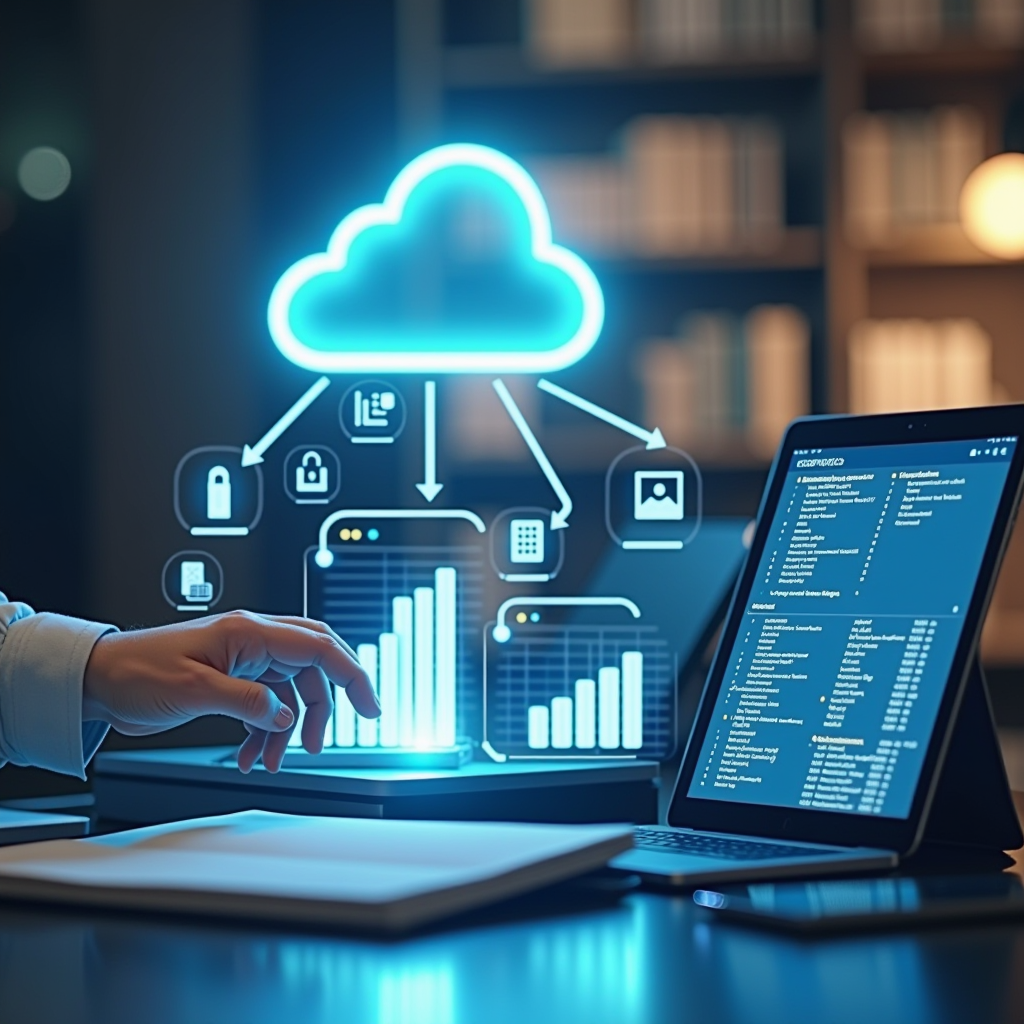 Moderne digitale Dokumentenverwaltung mit Cloud-System, Scanner, Tablet und organisiertem digitalem Archiv für GoBD-konforme Belegverwaltung