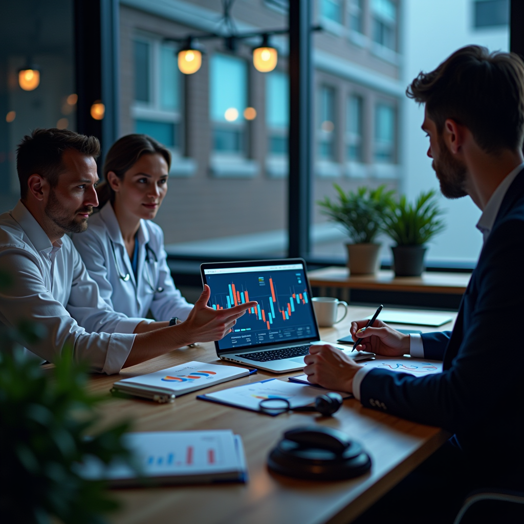 Strategische Unternehmensberatung mit Geschäftsgrafiken, Finanzcharts, Laptop und Beratungsgespräch für Anwälte, Mediziner und Kanzleien